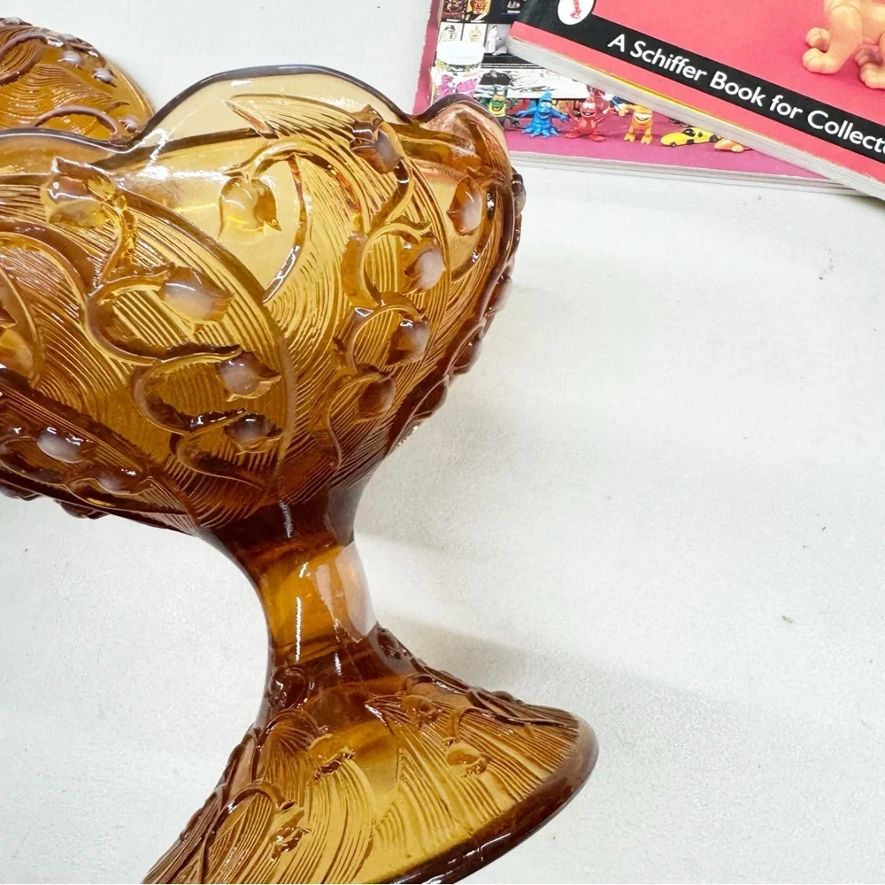 Vintage Fenton Amber Opalescent Lily of the Valley Lidded Pedestal Candy Dish